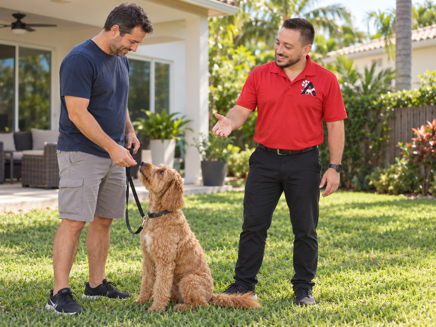 Juan José Abello coaching a dog owner while her dog practices calm attention outdoors.