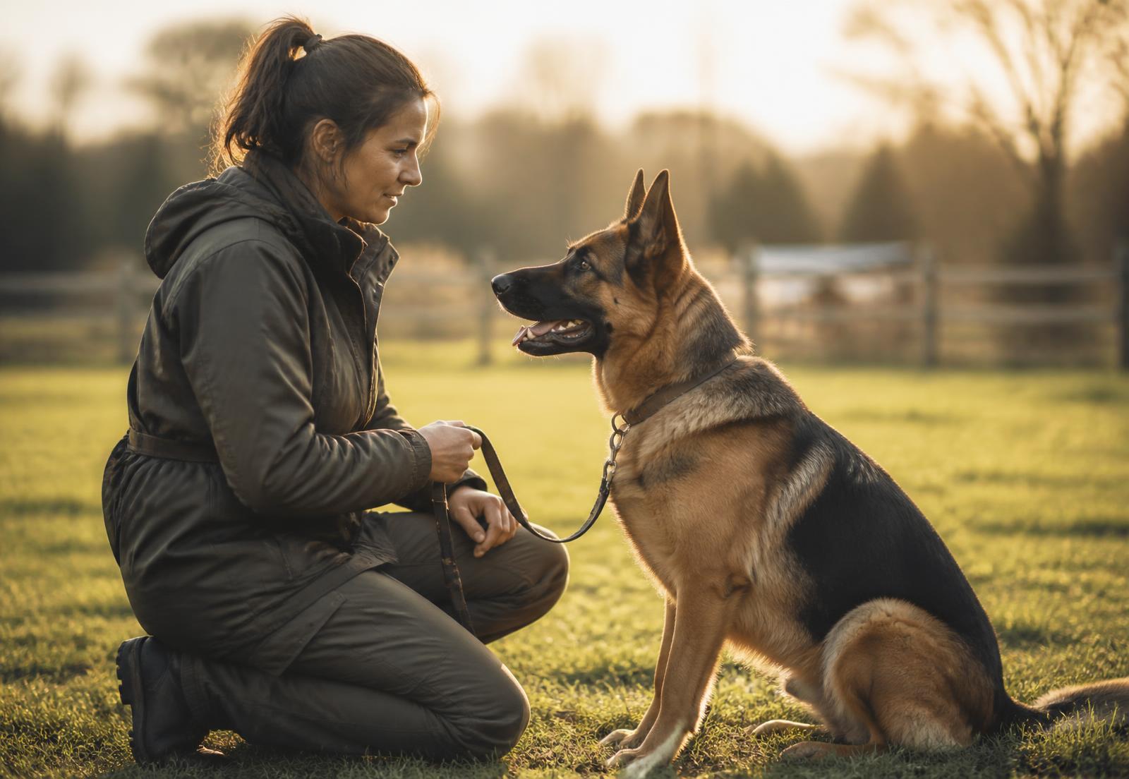 A trainer kneeling on grass at golden hour, calmly working with an attentive German Shepherd on leash.